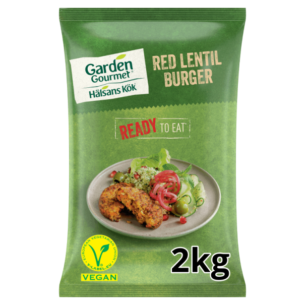 Balení 2 kg čočkovo mrkvového veganského burgeru Garden Gourmet