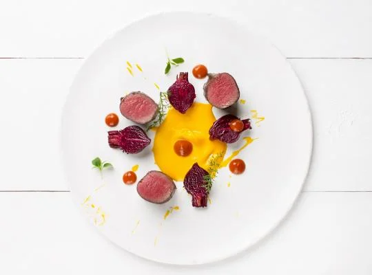 Dančí hřbet sous vide, espuma z šípkové omáčky a dýňové pyré se zázvorem